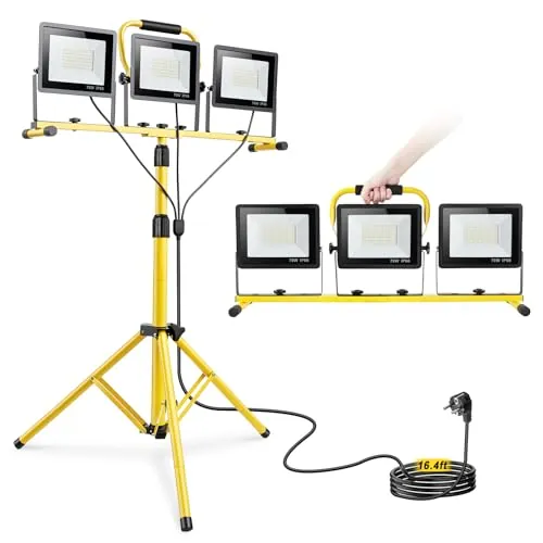 Yofuly Foco LED 3x 70W, Foco de Trabajo 21,000LM 6500K, Focos LED Portátil para Obras con Trípode Telescópico de Metal, Cable de 5M, IP66 Impermeable, Luz de Trabajo para Construcción