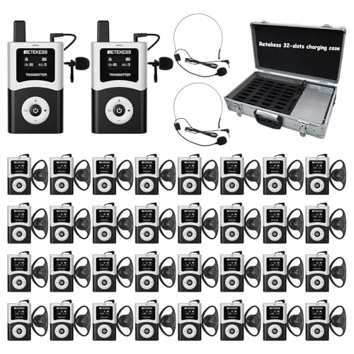 Retekess T130U (T130 4rd) Portátil Sistema de Guía Turística Inalámbrico, Juego de Guía Turística, Audioguías, 200 m, de Transmisión Digital, Operación con Una Sola Tecla, Estuche de Carga de 32