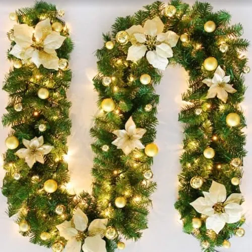 FGHB 2.7M / 9FT Guirnalda Navidad,Guirnaldas Navideñas con Luces,y 220 Puntas de Ramas, con 30 LED Luces,para Escaleras,Chimenea,Puerta, Interior/Exterior Decoracion Navidad