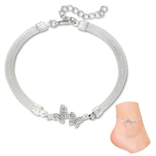 Tobillera para mujer plata , hecha a mano con mariposa, diseño geométrico, ajustable, elegante, brillante, para verano, playa y como regalo