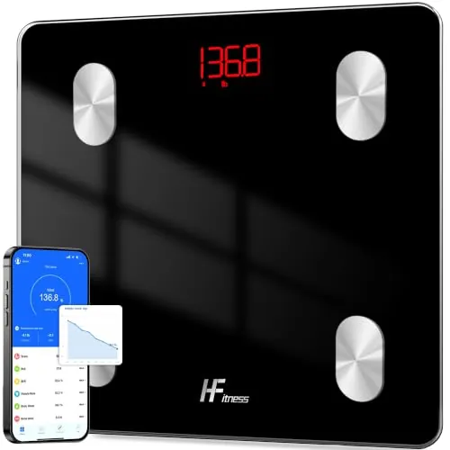 HomeFashion HFitness Báscula de Baño Inteligente con 19 Mediciones Corporales, Báscula Digital de Grasa Corporal Bluetooth con App, IMC, Peso, Masa Muscular y Masa Ósea negra