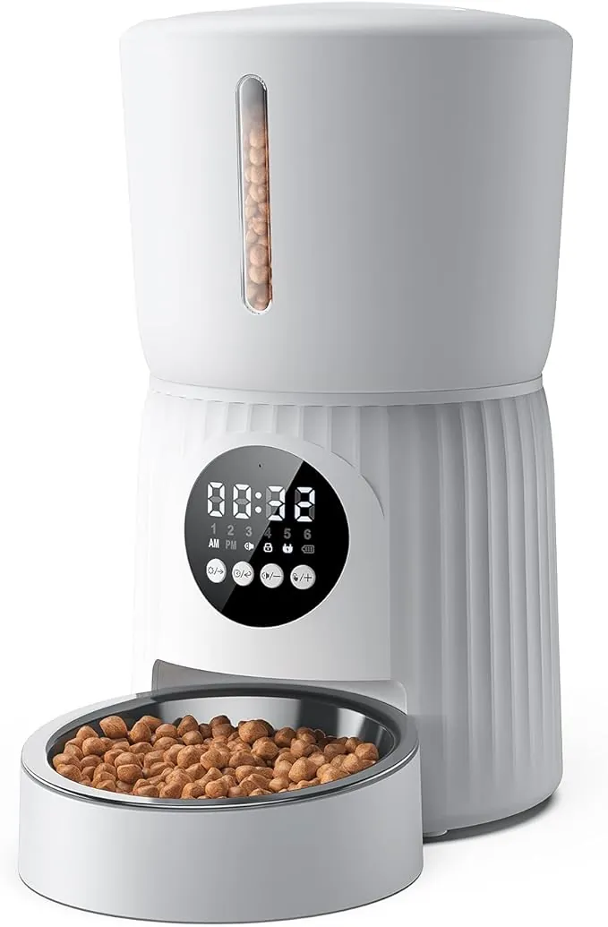 Faroro 4L Comedero Gato Automatico, Dispensador Comida Perros y Gatos, Tazón para Gatos de Acero Inoxidable y Temporizador, Programable de 1 a 6 Comidas, Blanco