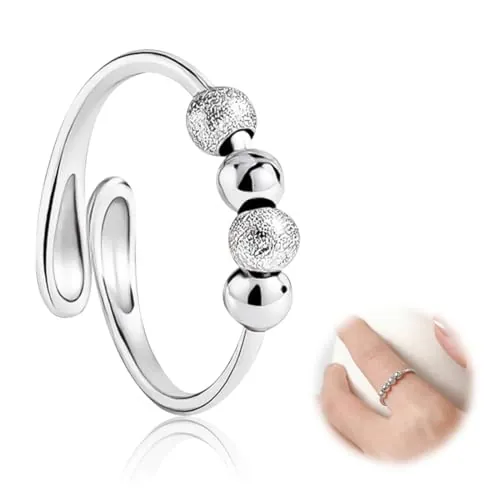 DOVBAN anillo antiestrés para mujer, anillo de plata de ley, con perlas, anillos giratorios ajustables, utilizados para aliviar la ansiedad (Blanco plateado)