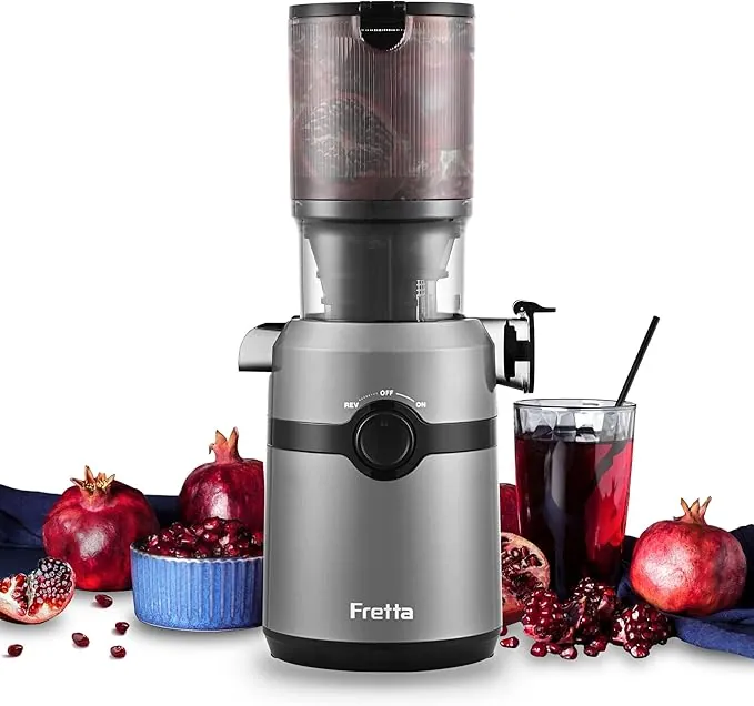 Fretta Extractor de Zumos y Verduras, Apertura de 108MM y Capacidad de 1L, Licuadora Prensado en Frio para Verduras Frutas Enteras, 200W Slow Juicer Machine, Fácil Montaje y Limpieza, Sin BPA (Gris)