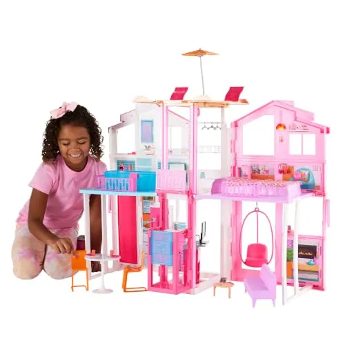 Barbie Supercasa, casa de muñecas con Accesorios , con Cuatro Habitaciones, terraza en la azotea, Detalles realistas, Piscina y Muebles, DLY32