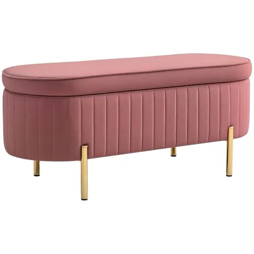 HOMCOM Banco Pie de Cama Tapizado en Terciopelo 108x44x43,5 cm Rosa Oscuro | Puff Almacenaje, Espacio de Almacenamiento, Patas Doradas, Banqueta para Entrada Dormitorio