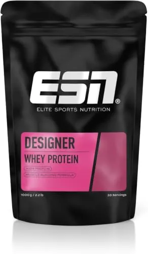 ESN Designer Whey Protein Powder, Fresa, 1 kg, hasta 23 g de proteína por porción, ideal para desarrollar y mantener la masa muscular - made in Germany