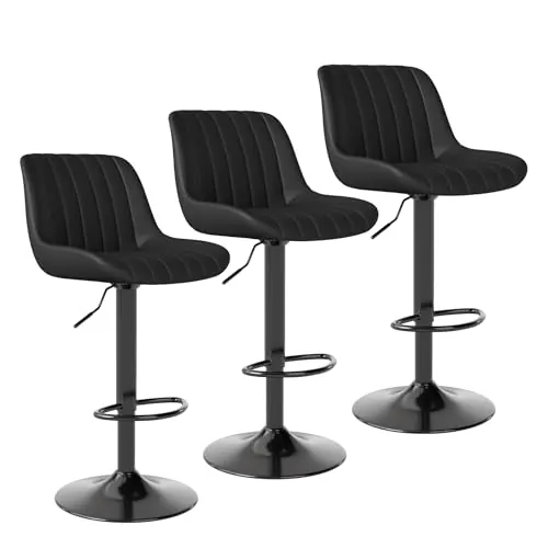 Youhauchair Taburetes Altos de Cocina Juego de 3, Taburete de Bar Giratorios de Altura con Respaldo, Taburete Alto Ajustable de Cuero PU, Taburete Cocina Moderna, Negro