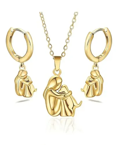 DAFNE 1 juego Collar + Pendientes de perro,Collar de abrazo de perro y niña, colgante de con forma de animal, para niñas, hijas, madres y amigas(Oro)