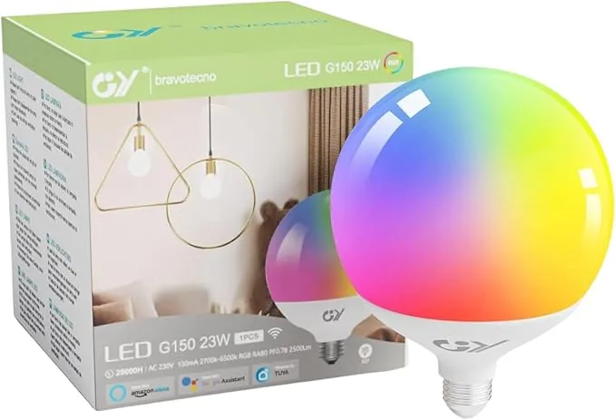 GY Bombilla Inteligente E27 WIFI Bombillas Globo Grande G150-23W 2500LM RGB 2700K-6500K Regulable - Bombilla Inteligente Alexa Compatible con Google Home, TUYA, Smart Life(1 Unidad)