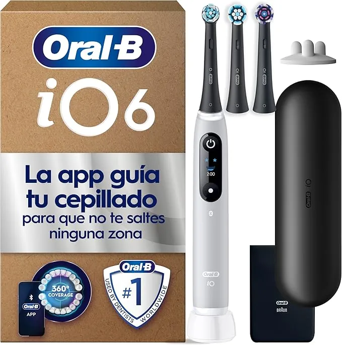 Oral-B iO 6 Cepillo De Dientes Eléctrico Gris Con Mango Recargable, 3 Cabezales y 1 Estuche De Viaje, 5 Modos De Cepillado Con Blanqueamiento Dental, Sensor De Presión, Diseñado Por Braun
