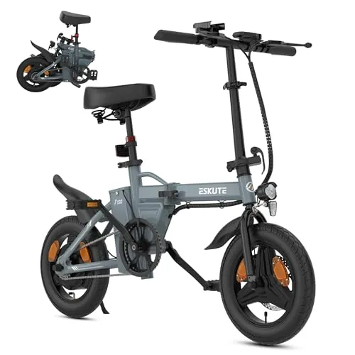 ESKUTE F100 Bicicleta Eléctrica Plegable, Ebike 14", Batería Integrada 36V 9Ah, 25 km/h & Autonomía 35–60 km, Pantalla LCD, Soporte USB, Asiento Ergonómico, Bici Electrica Urbana para Adultos,Gris
