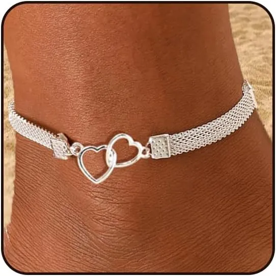 Tobilleras de Plata para Mujer Ajustable Corazón Cadena Plana de Cristal en Forma de Corazón Tobilleras Dobles Joyas de Pie de Playa Tobillera Regalos para Mujeres Adolescentes Niñas