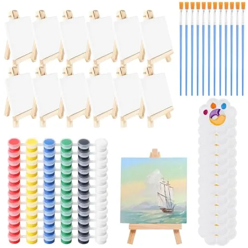 60 Piezas Mini Lienzos con Caballete de Arte 12 Pequeños Caballetes Triangulares de Artista con 12 Lienzos,12 Pinceles y 12 Paletas de Pintura y 12 acuarela para Aficionados y Artistas