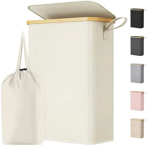 Lifewit Cesto Ropa Sucia Estrecho con Tapa, Cesto de Ropa Plegable con Bolsa Extraíble y Asa, Cesta Ropa Sucia de Bambú, Cubo de Ropa para Dormitorio, Baño, Lavandería, Dormitorio, 50 L, Blanco