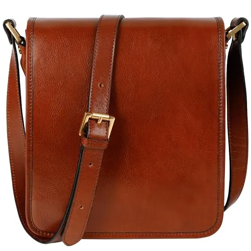 Time Resistance Bolso Bandolera de Cuero para Hombre - Tipo Mensajero con Cuero de Vachetta, Hecho a Mano en Italia - Ideal para Llevar Todo lo que Necesitas, Color Coñac