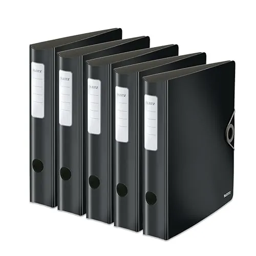 Leitz Archivador de calidad 180° Active Solid, paquete de 5 unidades, A4, estrecho, lomo redondeado, 6,5 cm de ancho, cierre de goma, espuma ligera, carpeta de plástico, color negro, 10481095