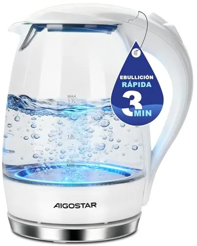 Aigostar Hervidor Agua Electrico de Acero Inox & Vidrio con Iluminación LED