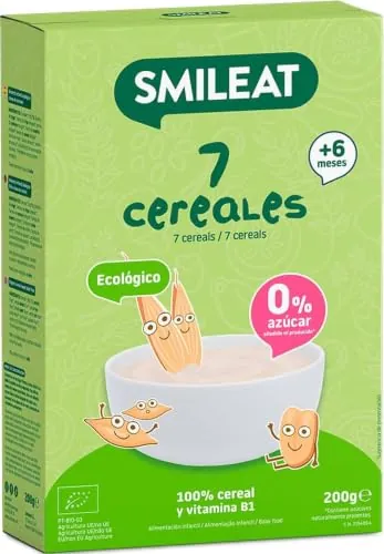 Smileat Papilla de 7 Cereales para Peques 6+ Meses, 200 g | Con trigo, espelta, avena, centeno, maíz, quinoa y arroz; textura homogénea y fácil de preparar