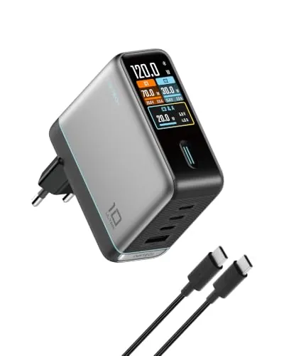 CUKTECH 120W Cargador USB C, Cargador GaN 4 Puertos PPS PD3.0, Cargador Rápido con Pantalla Inteligente y Control Táctil, para MacBook, iPad, iPhone 17/16, Samsung S25, Xiaomi 17