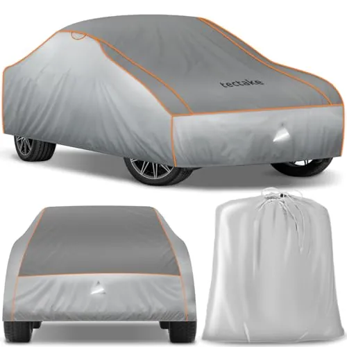 tectake® Funda para Coche Exterior, Impermeable y Transpirable, Lona para Coche Antigranizo, con Reflectores y Bolsa de Almacenamiento, Compatible con Muchos Modelos - tamaño L