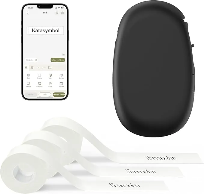 SUPVAN E10 Etiquetadora Bluetooth con 3 Rollos 6m Continua Impermeable Etiquetas, App Versátil con 30+ Fuentes 600+ Íconos, para el Hogar, la Cocina, la Escuela y la Oficina, Negro