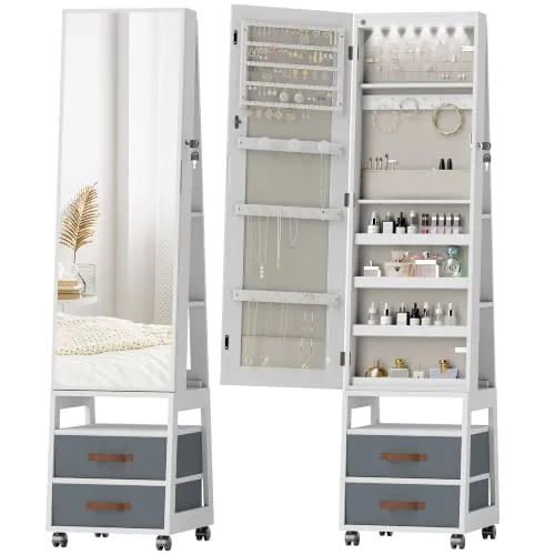 HOMCOM Espejo Joyero Armario Joyero con Luces LED Interior Blanco