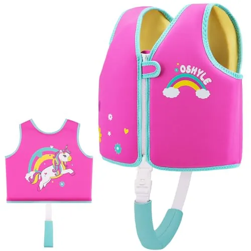 Chaleco de natación OSHYLE para niños pequeños, Chaleco Flotante con Correa de Seguridad, Ayuda a la flotabilidad (RJ-Unicorn, S(1-3))