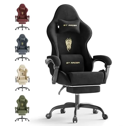 Ferghana Silla Gaming Ergonómica con Masajeador,Silla Gamer de Terciopelo con Soporte Lumbar de Masaje,Reposacabezas,Reposapiés,Silla de Oficina,Silla Ergonómica de PC,Rotación de 360°,Negro