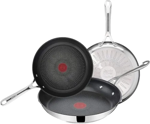 Tefal Jamie Oliver Juego de 3 Sartenes 20/24/28 cm, compatible con inducción, indicador de temperatura Thermo, fácil limpieza, uso en lavavajillas, diseño duradero, set de cocina profesional
