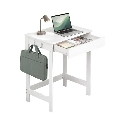 SoBuy Escritorio Pequeño 60x40x77cm con Cajón y Ganchos Blanco | Solución Completa para Teletrabajo y Estudio, Ideal para Pisos Pequeños y Residencias, Carga 60kg, FWT43-W
