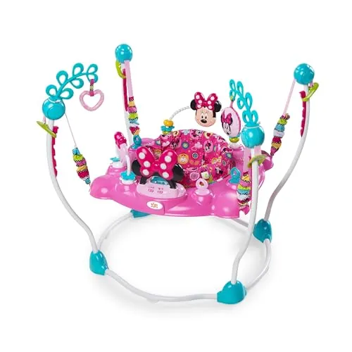 Bright Starts, Disney Baby, Saltador y Centro de Actividades Minnie Mouse Peekaboo, 12+ Juguetes de Actividad, Andador con música y Luces, Asiento Gira 360°, Ajustable, Rosa, a Partir de 6 Meses