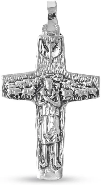 Cruz del Buen Pastor Colgante en Plata de Ley 925m macizo de 37mm. del Papa Francisco
