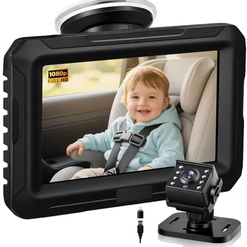 Zacro Cámara Bebé Coche Asiento Trasero HD 1080P, Espejo Retrovisor Camara Bebe Pantalla 4.3'', USB-C Plug and Play Monitores de Bebé para Coche con Visión Nocturna, Ángulo de Visión Amplio