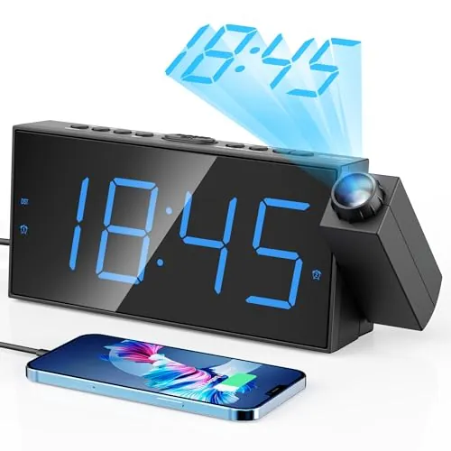 Reloj Despertador de Proyección Digital para Techo de Dormitorios, Reloj con Proyector, Atenuador y Pantalla LED, Timbre Ajustable, Alarmas Duales para Pared, Niños, Personas Mayores con Sueño Pesado