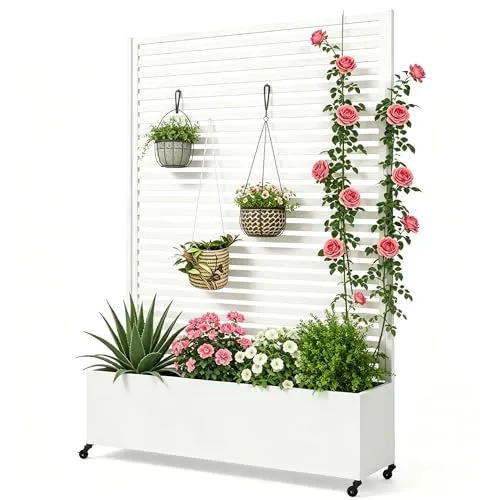 BIXUYOU Jardinera metálica para Exterior con Enrejado, bancal Elevado de Metal con Ruedas, Jardinera Independiente con privacidad para Flores y Verduras en jardín, Patio y balcón.