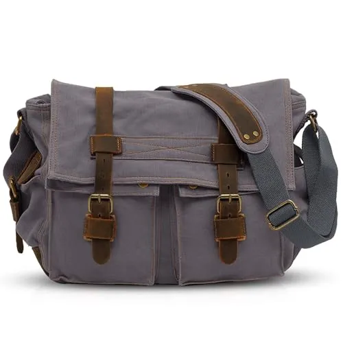 VARLIVOO Vintage Bolsos de Hombro para Hombre Bolsa de Mensajero 14 Pulgadas Laptop Bolsas Conmutar Viaje Maletín Colegio Trabajo Lona Gris