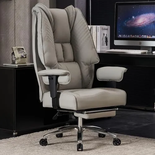 EXCEBET Silla de Oficina Ejecutiva de Cuero PU, Silla de Trabajo Ergonómica 200 kg, Grandes Tallas, Asiento de Muelles Ensacados 14 cm, Respaldo Alto, Silla de Ordenador con Reposapiés (Gris Claro)