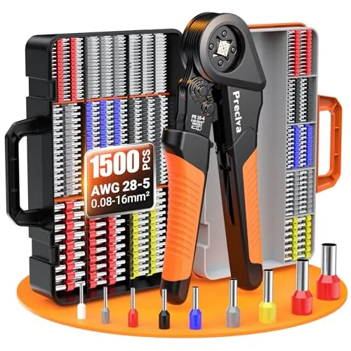Preciva Crimpadora con 1500 Conectores,Crimpadora Terminales 0.08-16mm² | Ajustables,Terminales EléCtricos,alicates de punteras,terminales eléctricos,punteras cables electricos,Terminal EléCtrico