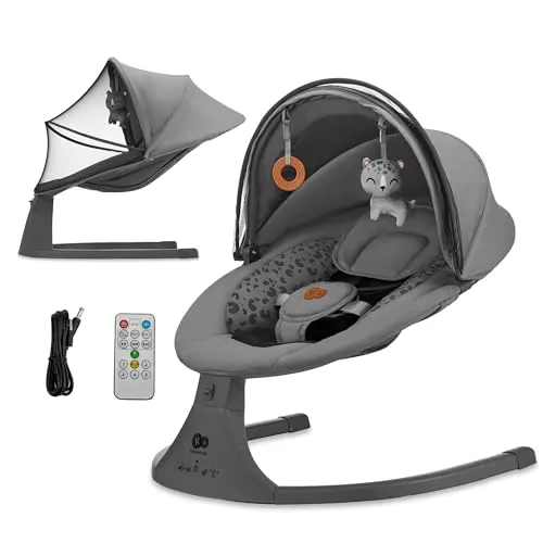 Kinderkraft Hamaca LUMI 2, Columpio eléctrico para bebés, Desde el nacimiento hasta los 9 meses, Altura regulable, 5 modos, 12 melodías, Arco con juguetes, Gris oscuro