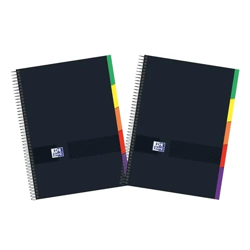 Oxford Black N'Colours, 2 Cuadernos A4+, 5 Pestañas, Cuadrícula 5x5