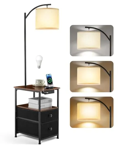 Lámpara de pie con mesa y 2 cajones, lámpara de mesita de noche con estación de carga USB y Type C, lámpara de pie con 3 temperaturas de color y pantalla ajustable, lámpara LED para salón y dormitorio