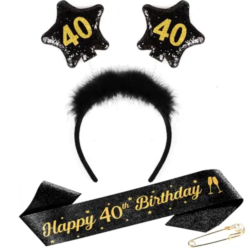TUZELIYA 40 cumpleaños mujeres hombres – 40 cumpleaños tocado con cinturón de cumpleaños, pin – Accesorios para el pelo con purpurina para decoraciones de fiesta de cumpleaños