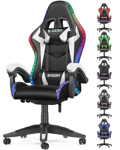 bigzzia Silla Gaming con Luces LED,Silla Ergonómica Gaming,Altura Regulable Silla con Apoyo Lumbar y Reposacabezas, Respaldo Inclinable hasta 155° (Utilización RGB, Blanco)