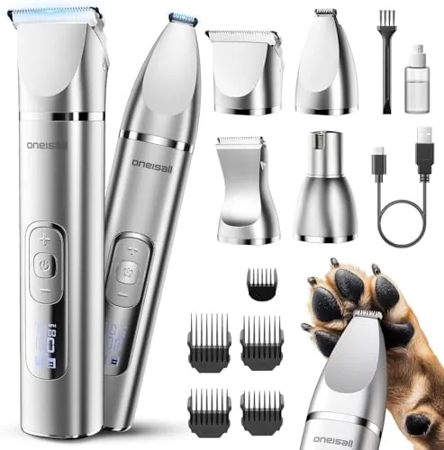 oneisall 4 en 1 Silencioso Maquina cortar pelo perros y Gatos, Impermeable IPX7 Cortapelos Perros, Profesional Maquina de Cortar pelo Perro&Cortapatas&Pulidora para Cuerpo (plateado)