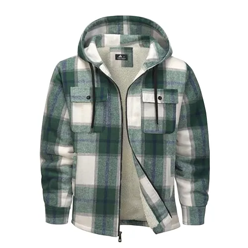 SwissWell Hombres Camisa Chaqueta Cuadros de Franela a Cuadros Gruesos Forro Felpa Casual Forrado Hombres Sudadera Capucha Chaqueta Invierno con Bolsillos(Verde Blanco-3XL)