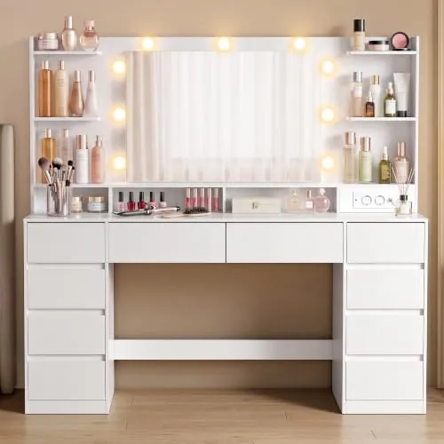 VASAGLE Tocador de Maquillaje con Luz, Espejo, Cajones y Enchufe | Escritorio, Puertos USB, 137 x 40 x 144,3 cm, Blanco Nube, Colección KAILYN RDT341WB01