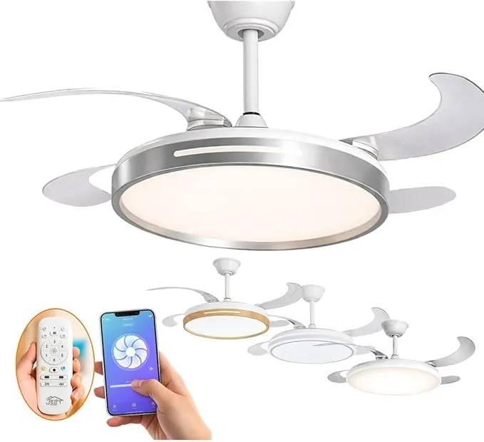 JARDIN202 - Ventilador de Techo con Aspas Retráctiles, Motor DC, Temporizador, WiFi Alexa/Google Home y Luz LED Regulable, Mando a Distancia | 50 cm (Conil Wifi Plata)
