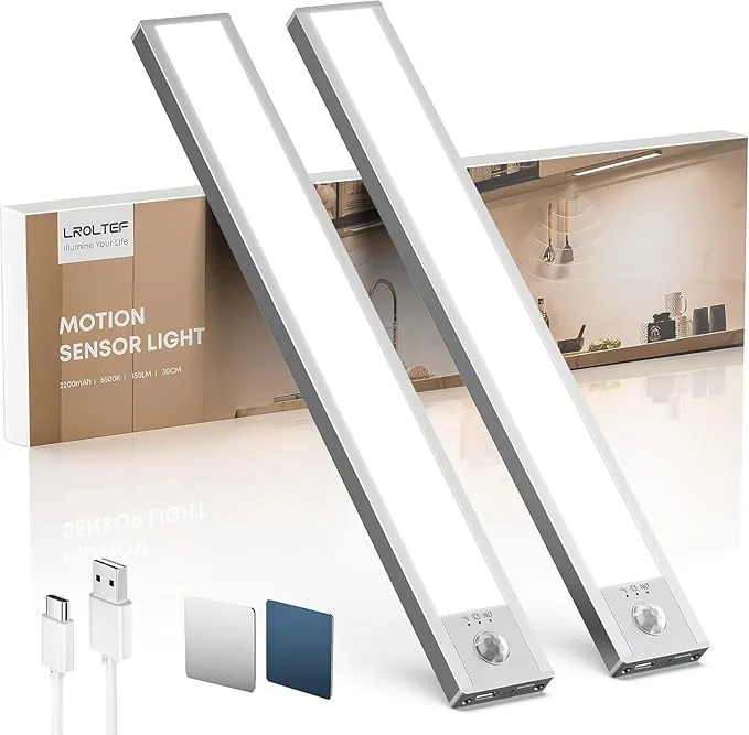 LROLTEF Luz Led Armario Cocina con Sensor de Movimiento Interior 30CM 2200mAh 6500K 48 LED Lampara Luces Mueble Recargable sin Cables Inteligente Lamp Nocturna para Gabinete Escalera Pasillo 2 Piezas