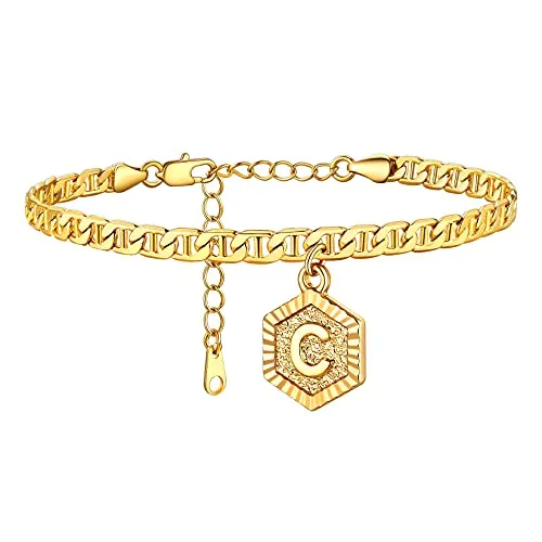 U7 Tobilleras Mujeres de Verano Colgante Hexágono Medalla Letra Inicial D Regalo de Cumpleaños Verano Joyería Minimalista Modernos para Aniversario Material Latón Bañado en Oro 18k